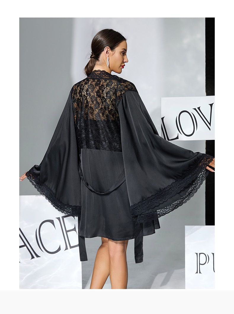 Womens Satin Lace Robe and Babydoll Nightgown Set - Sensual Chemise Sleepwear